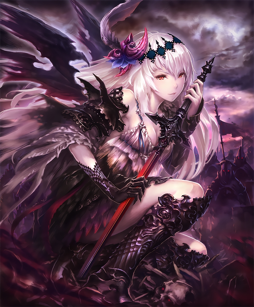armor armored_boots army asymmetrical_clothes battlefield boots bracer cloud cloudy_sky cygames dark_jeanne dark_persona demon_wings feathers gloves glowing glowing_eyes hair_ornament hisakata_souji holding holding_sword holding_weapon long_hair official_art pale_skin red_eyes shadowverse shingeki_no_bahamut single_glove skeleton sky sword weapon white_hair wings