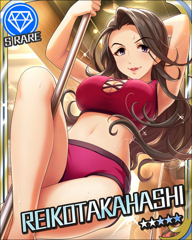 armpits artist_request black_hair breasts card_(medium) character_name cleavage diamond_(symbol) faceless faceless_female idolmaster idolmaster_cinderella_girls large_breasts long_hair looking_at_viewer midriff multiple_girls navel official_art parted_lips pole pole_dancing purple_eyes smile stripper_pole sweat takahashi_reiko
