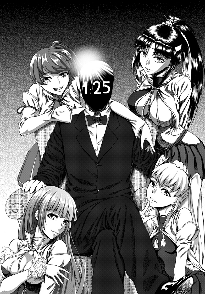 4girls armchair atago_(zhan_jian_shao_nyu) bad_id bad_pixiv_id bangs bare_shoulders bow bowtie breasts chair choukai_(zhan_jian_shao_nyu) cleavage cleavage_cutout crossed_legs dated detached_sleeves faceless faceless_male finger_to_mouth formal greyscale hand_on_another's_head hand_on_another's_shoulder long_hair looking_at_viewer maya_(zhan_jian_shao_nyu) medium_breasts miniskirt monochrome multiple_girls parted_lips ponytail sitting skirt smile suit takao_(zhan_jian_shao_nyu) twintails very_long_hair xiexilai zhan_jian_shao_nyu