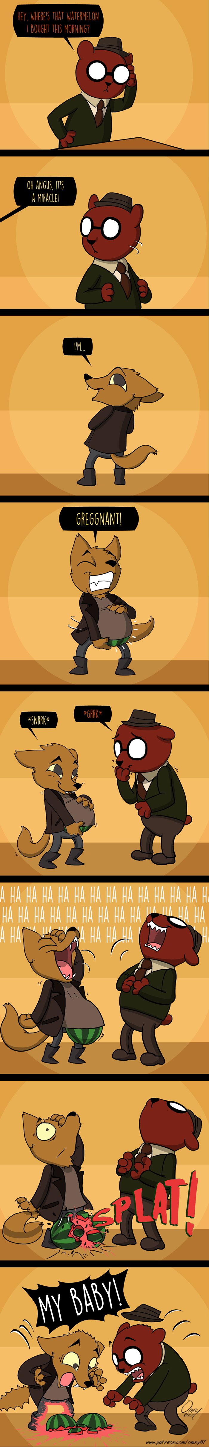 2017 angus_(nitw) anthro bear canine clothing comic eyewear fangs food fox fruit glasses gregg_(nitw) hat laugh male mammal melon night_in_the_woods nitw omny87 open_mouth pants shirt speech_bubble teeth watermelon