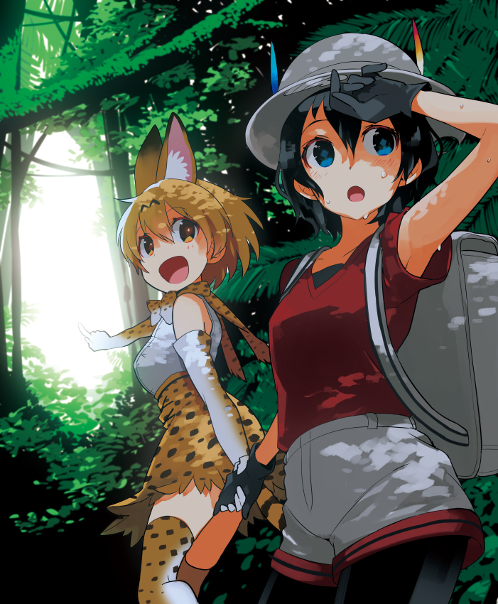 :d :o animal_ears arm_up armpit_peek armpits bag blush breasts elbow_gloves gloves hat hat_feather helmet holding_hands kaban_(kemono_friends) kashi-k kemono_friends medium_breasts multiple_girls open_mouth pith_helmet pointing red_shirt serval_(kemono_friends) serval_ears serval_print serval_tail shirt smile sweat tail