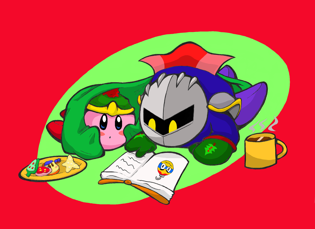 ambiguous_gender armor asmallone bandana_waddle_dee bedding beverage blanket blue_body blue_eyes book cape christmas christmas_tree clothing cookie duo food green_background helmet holidays hot_chocolate king_dedede kirby kirby_(series) mask meta_knight mitens nintendo not_furry pauldron pink_body red_background rosy_cheeks simple_background star tree video_games waddling_head yellow_eyes