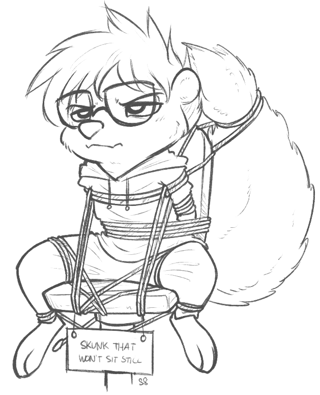 2017 alec8ter anthro arms_tied bdsm black_and_white bondage bound chair clothed clothing disney english_text eyewear fan_character female fully_bound glasses hands_behind_back hoodie mammal monochrome sign signature simple_background sitting skunk solo spread_legs spreading text tied_legs white_background zootopia