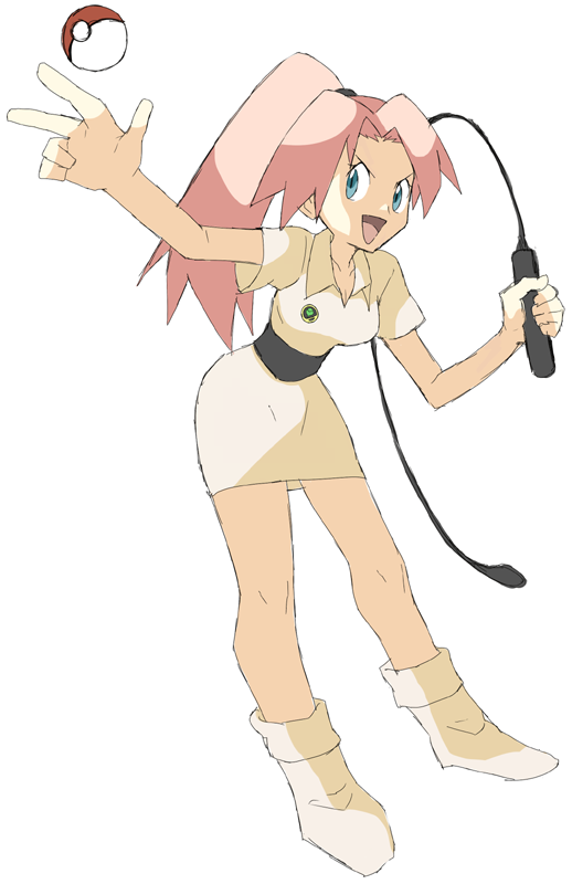 :d ace_trainer_(pokemon) ankle_boots bare_arms bent_over blue_eyes boots breasts cleavage collarbone collared_dress dress full_body hair_intakes holding holding_weapon holding_whip leaning_forward long_hair looking_away looking_to_the_side medium_breasts open_mouth orange_hair poke_ball poke_ball_(generic) pokemon pokemon_(game) pokemon_rgby short_dress short_sleeves simple_background smile solo souji tareme tongue underbust v-shaped_eyebrows weapon whip white_background white_dress white_footwear