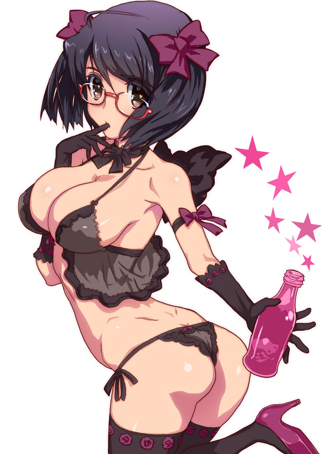 arm_ribbon ass babydoll black_gloves black_hair bottle bow breasts brown_eyes choker cowboy_shot finger_in_mouth glasses gloves hair_bow halter_top halterneck heart heart-shaped_pupils high_heels hirose_(mokiki) holding holding_bottle leg_up lingerie looking_at_viewer looking_back medium_breasts neck_ribbon original panties red-framed_eyewear ribbon ribbon_choker semi-rimless_eyewear shiny shiny_skin short_hair side-tie_panties simple_background solo star symbol-shaped_pupils thighhighs twisted_torso under-rim_eyewear underwear white_background