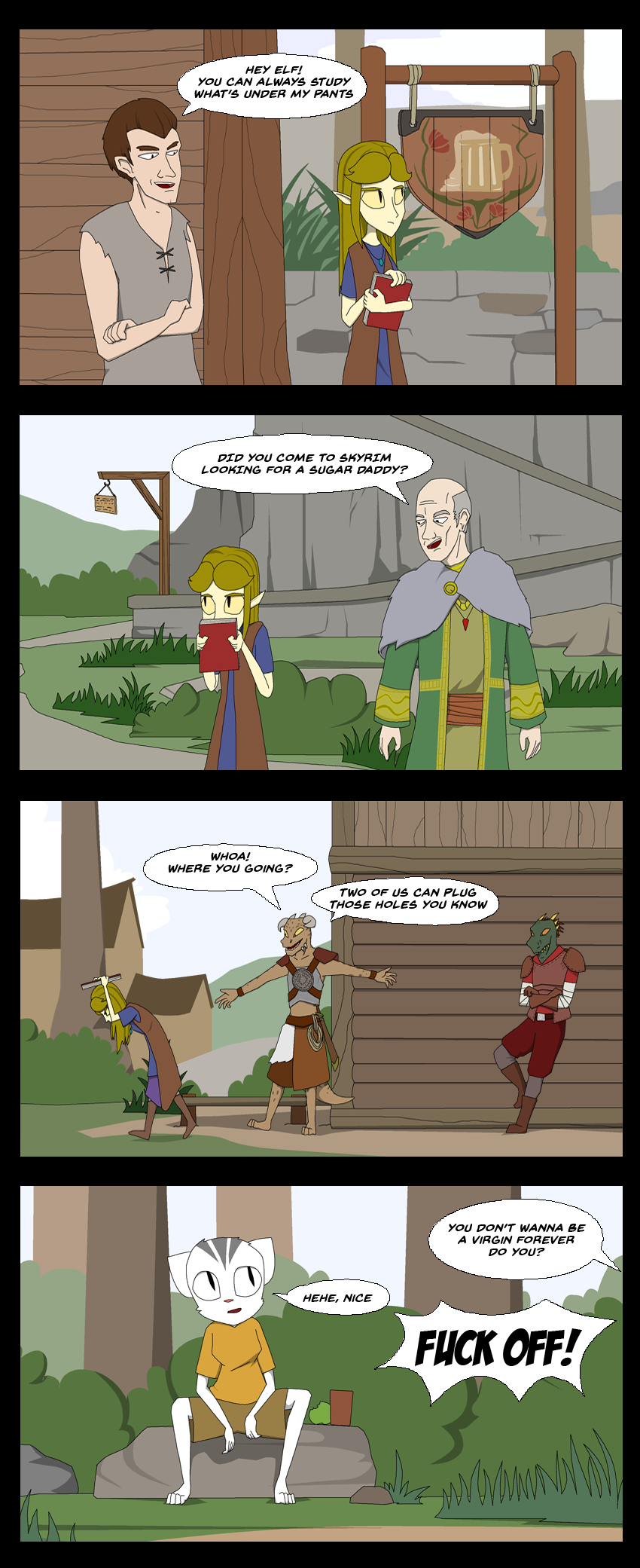 anthro argonian comic detailed_background dialogue dirty_jokes felid high_elf humanoid humor khajiit kishna mammal nord scalie speech_bubble the_elder_scrolls video_games vikozlav