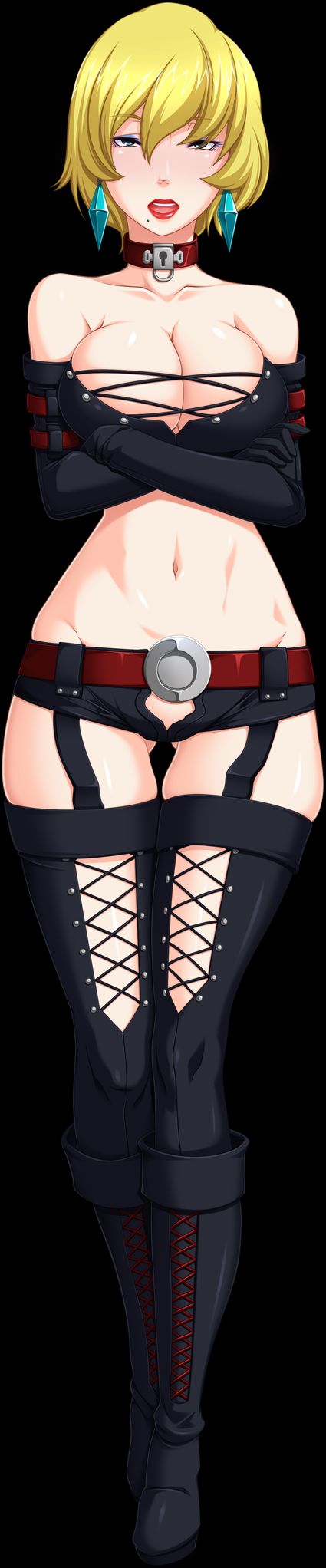 1girl bare_shoulders belt blonde_hair blue_eyes boots breasts butcha-u cleavage collar crossed_arms earrings elbow_gloves eyebrows_visible_through_hair eyeshadow full_body garter_straps gloves hips ichijou_shizuka jutaijima large_breasts lipstick looking_at_viewer makeup mole mole_under_mouth mound_of_venus navel open_mouth red_lipstick short_hair short_shorts shorts standing thigh_boots thighhighs