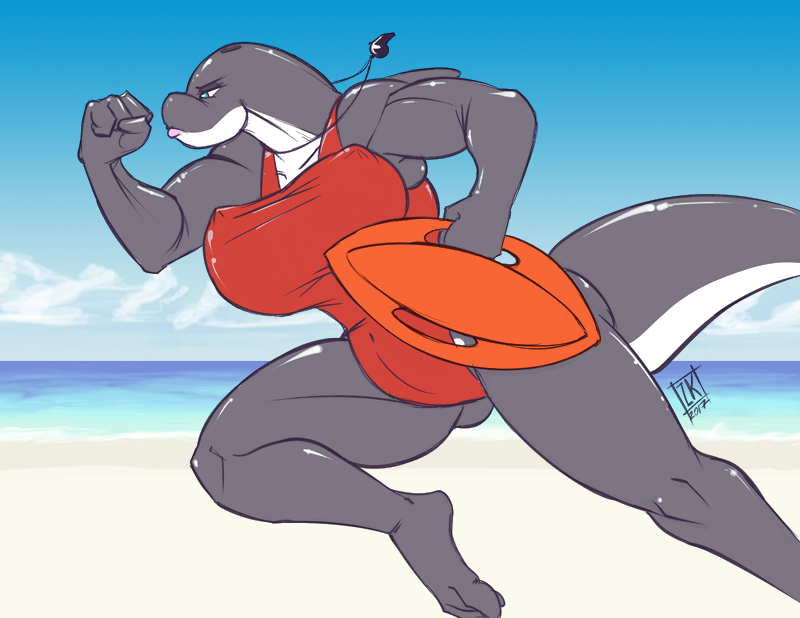 4_fingers athletic baywatch beach big_breasts black_skin bouncing breasts cetacean clothing dorsal_fin english_text feet female fin lana_(arnethorn) lifeguard mammal marine orca running sea seaside serious solo swimsuit text voluptuous water whale whistle white_skin zwitterkitsune