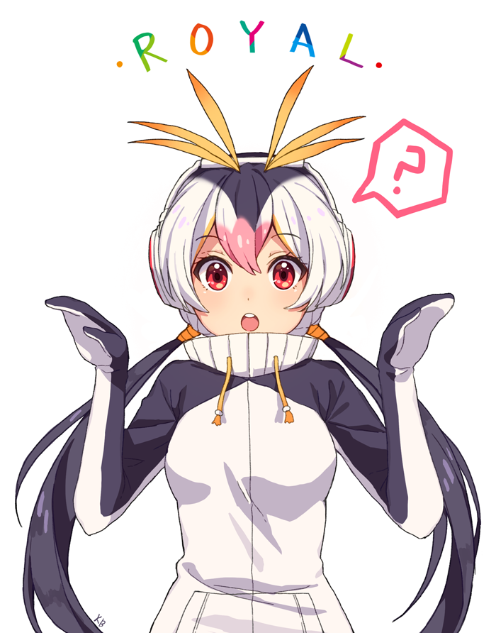 ? black_hair blonde_hair character_name drawstring english kemono_friends kim_bae-eo long_hair looking_at_viewer low_twintails multicolored_hair open_mouth pink_hair red_eyes royal_penguin_(kemono_friends) solo spoken_question_mark turtleneck twintails upper_body white_background white_hair