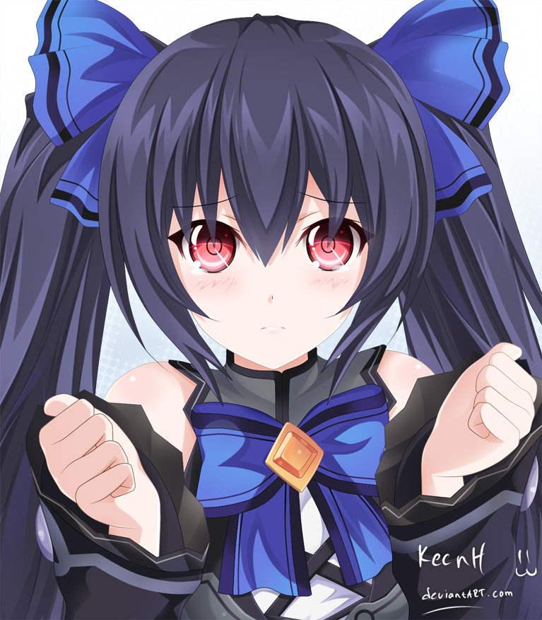 artist_name bare_shoulders black_hair clenched_hands detached_sleeves forearms_at_chest hair_between_eyes hair_ribbon halftone halftone_background hands_up keenh long_hair looking_at_viewer neptune_(series) noire red_eyes ribbon solo tears twintails upper_body very_long_hair wide_sleeves