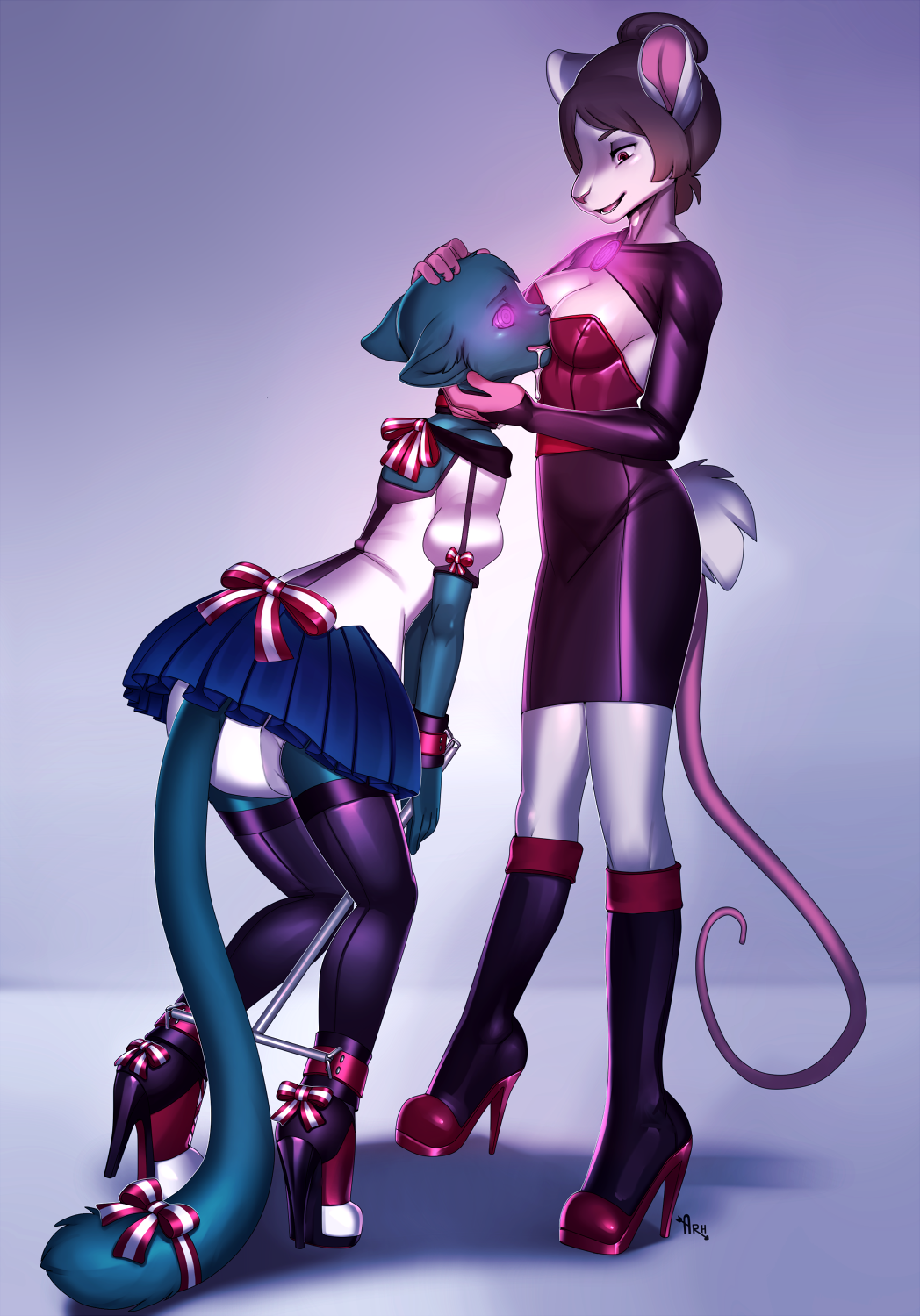 2017 anthro arh arh_(character) bdsm bondage bound breasts cat cleavage clothed clothing collar crossdressing diaper domination feline female female_domination feminization footwear high_heels hypnosis mammal mind_control mouse rodent shackles shoes sissification slave