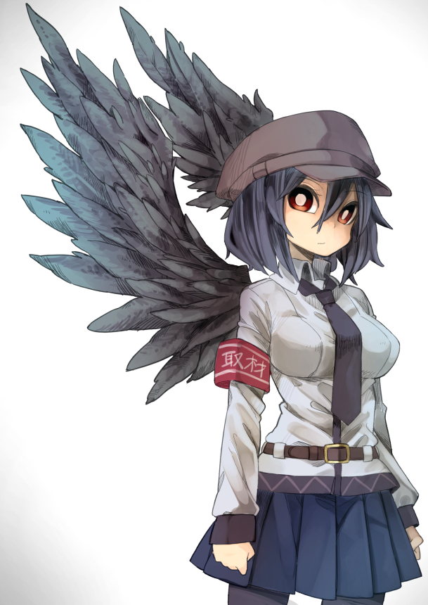aioi_aoi belt black_hair black_legwear black_neckwear black_wings blue_skirt breasts bright_pupils closed_mouth collared_shirt cowboy_shot expressionless feathers flat_cap hair_between_eyes hat large_breasts long_sleeves looking_at_viewer miniskirt necktie pantyhose pleated_skirt red_eyes shameimaru_aya shirt skirt solo standing touhou two-tone_background white_background wing_collar wings