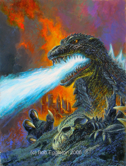 bob_eggleton city death destruction dinosaur energy fire giant_monster glowing godzilla godzilla_(series) kaijuu monster mutant skeleton smoke toho_(film_company)