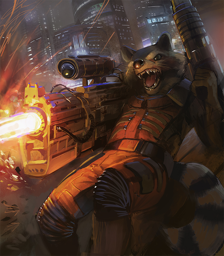 anthro armor clothed clothing fangs fur guardians_of_the_galaxy gun male mammal marvel open_mouth outside raccoon ranged_weapon rocket_raccoon solo tacklebox teeth weapon whiskers