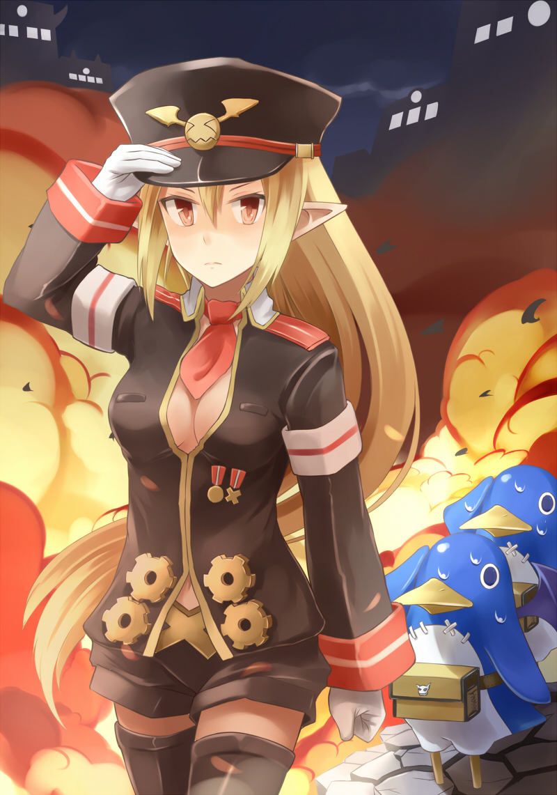 &gt;:( &gt;_&lt; black_legwear black_shorts blonde_hair blush breasts brown_eyes clenched_hand closed_eyes closed_mouth disgaea epaulettes eyebrows_visible_through_hair frown gears gloves hair_between_eyes hand_on_headwear hat long_hair long_sleeves looking_at_viewer machikado makai_senki_disgaea_3 medal medium_breasts necktie peaked_cap prinny red_neckwear salute salvatore_(disgaea) short_necktie shorts sweat thighhighs v-shaped_eyebrows very_long_hair wavy_mouth white_gloves