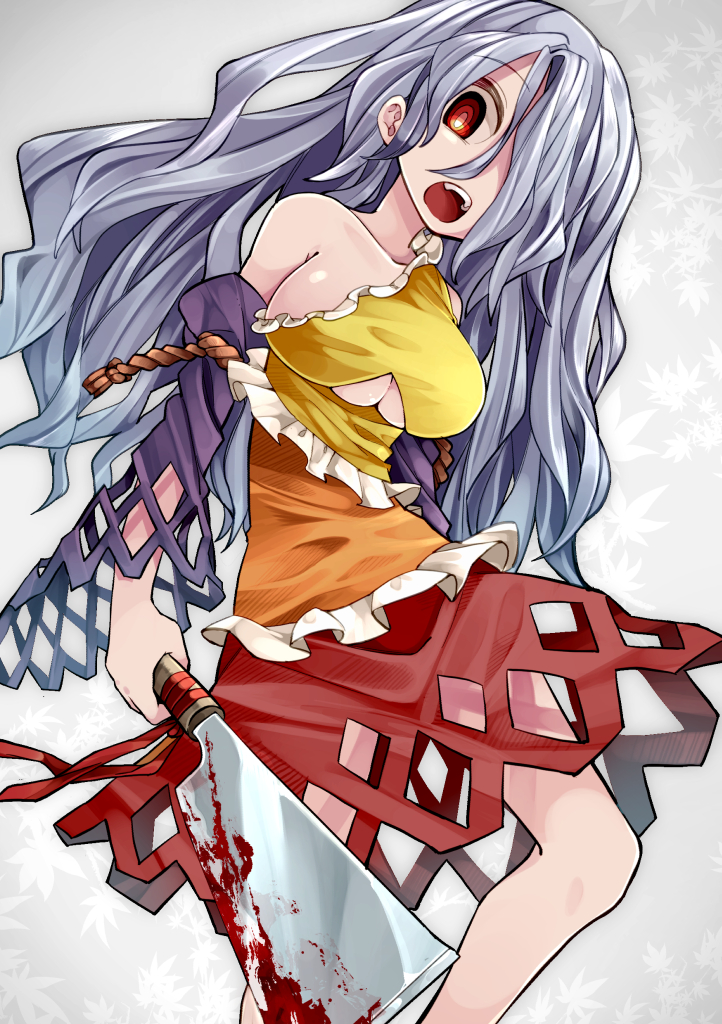 aioi_aoi blood bloody_weapon breasts collarbone detached_sleeves dress hair_over_one_eye hatchet large_breasts long_hair looking_at_viewer multicolored multicolored_clothes multicolored_dress open_mouth oriental_hatchet red_eyes sakata_nemuno silver_hair single_strap solo teeth touhou underboob wavy_hair weapon
