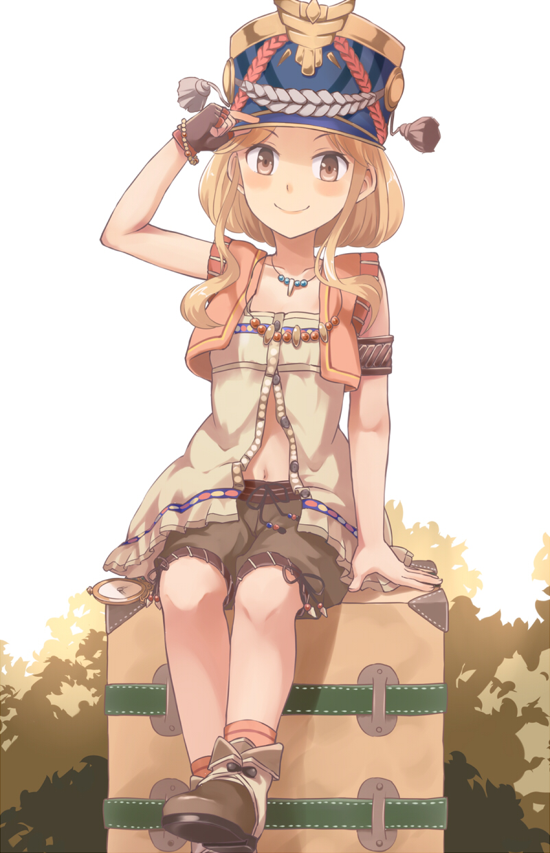 &gt;:) :d armband atelier_(series) atelier_escha_&amp;_logy blonde_hair blush boots brown_eyes brown_footwear brown_gloves brown_shorts collarbone fingerless_gloves gloves hand_on_headwear hat highres jewelry katla_larchica looking_at_viewer machikado md5_mismatch necklace open_mouth orange_legwear shako_cap shirt short_hair_with_long_locks shorts single_glove sitting sleeveless sleeveless_shirt smile socks solo suitcase v-shaped_eyebrows white_background white_shirt