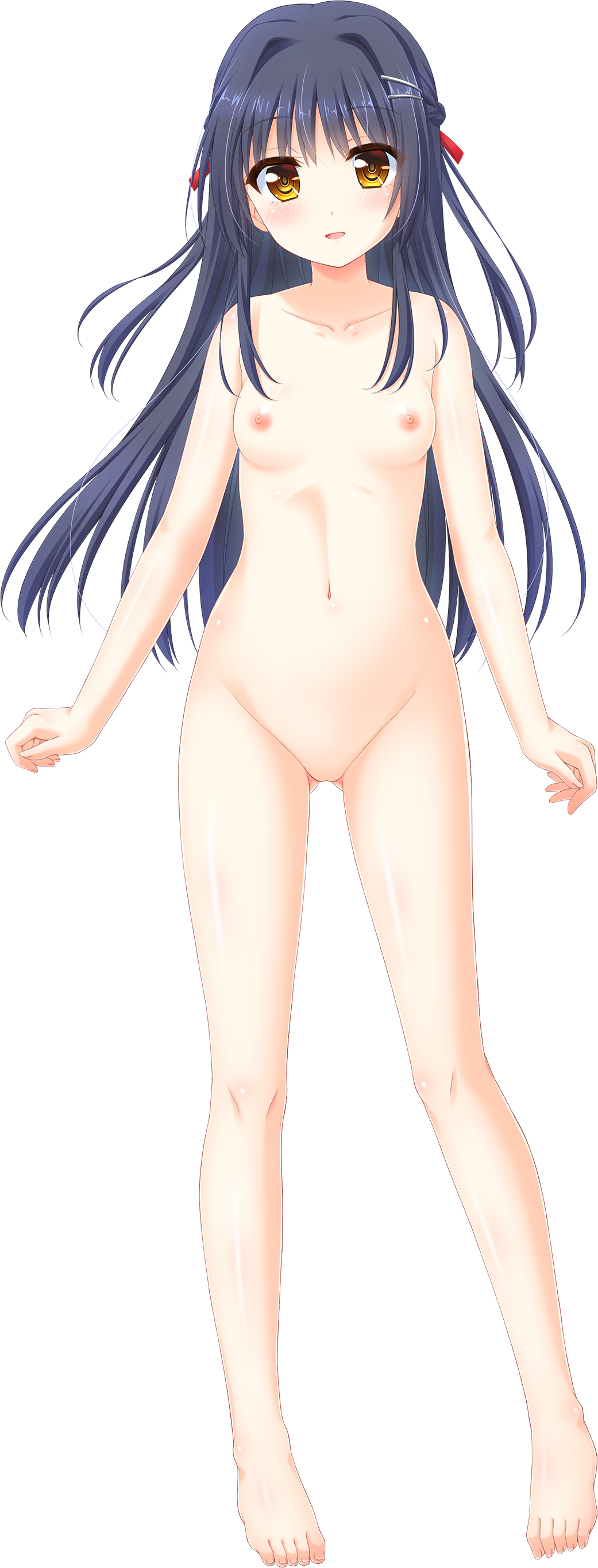 absurdres areolae ass_visible_through_thighs bangs barefoot black_hair blunt_bangs blush braid breasts collarbone french_braid full_body hair_ornament hairclip highres k.y_ko long_hair looking_at_viewer navel nipples no_pussy onii-chan_kiss_no_junbi_wa_mada_desu_ka? onii-chan_kiss_no_junbi_wa_mada_desu_ka?_ecchi_no_junbi_mo_mada_desu_ka? open_mouth purple_hair seguchi_asahi small_breasts solo transparent_background yellow_eyes