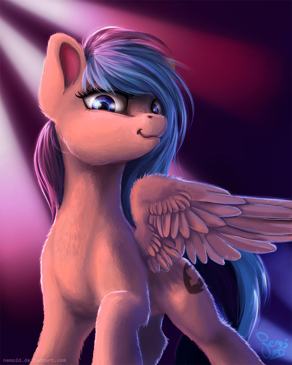 blue_hair brown_feathers brown_fur cutie_mark digital_media_(artwork) equine eyelashes fan_character feathered_wings feathers female feral fur hair mammal my_little_pony nemo2d pegasus smile solo wings