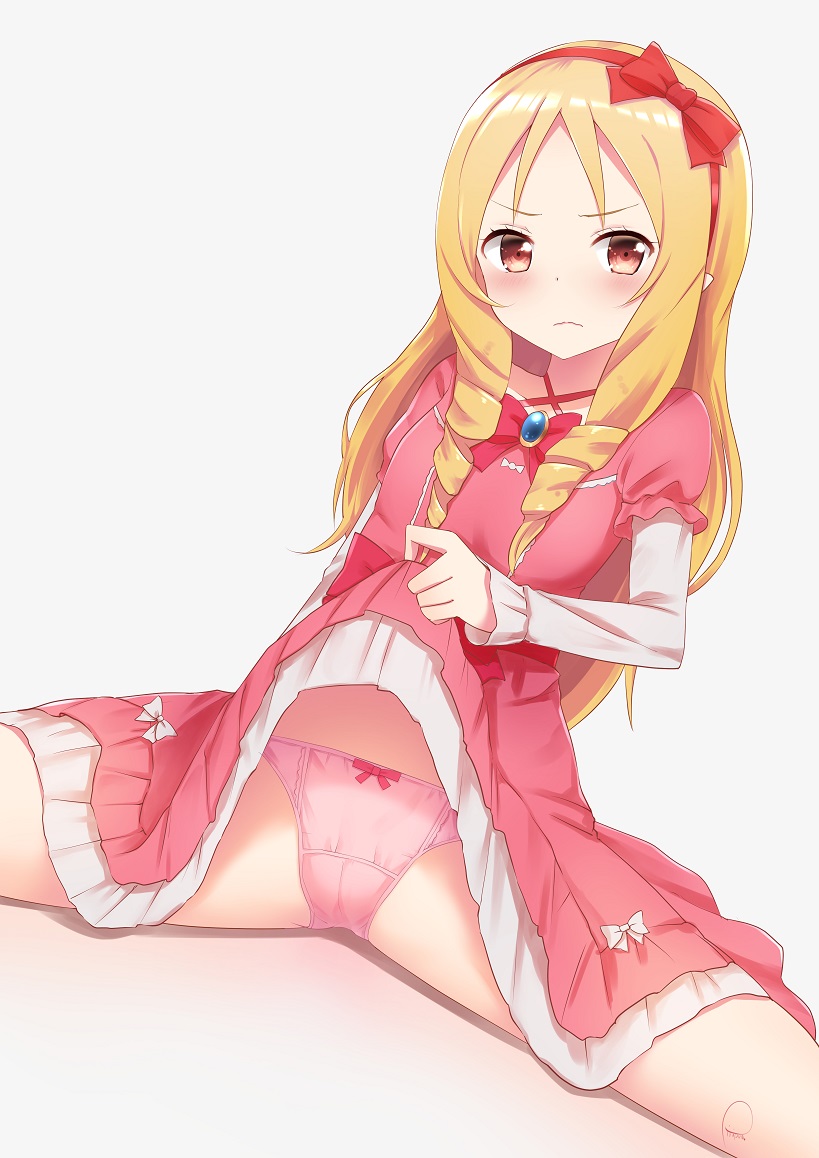 &gt;:( blonde_hair blush bow bow_panties bowtie brooch cameltoe closed_mouth commentary dress dress_lift drill_hair eromanga_sensei frown gem hair_bow hairband invisible_chair jewelry layered_sleeves lifted_by_self long_hair long_sleeves looking_at_viewer panties pink_dress pink_panties piripun pointy_ears red_bow red_eyes red_hairband red_neckwear signature sitting solo spread_legs tareme thighs underwear v-shaped_eyebrows wavy_mouth white_bow yamada_elf