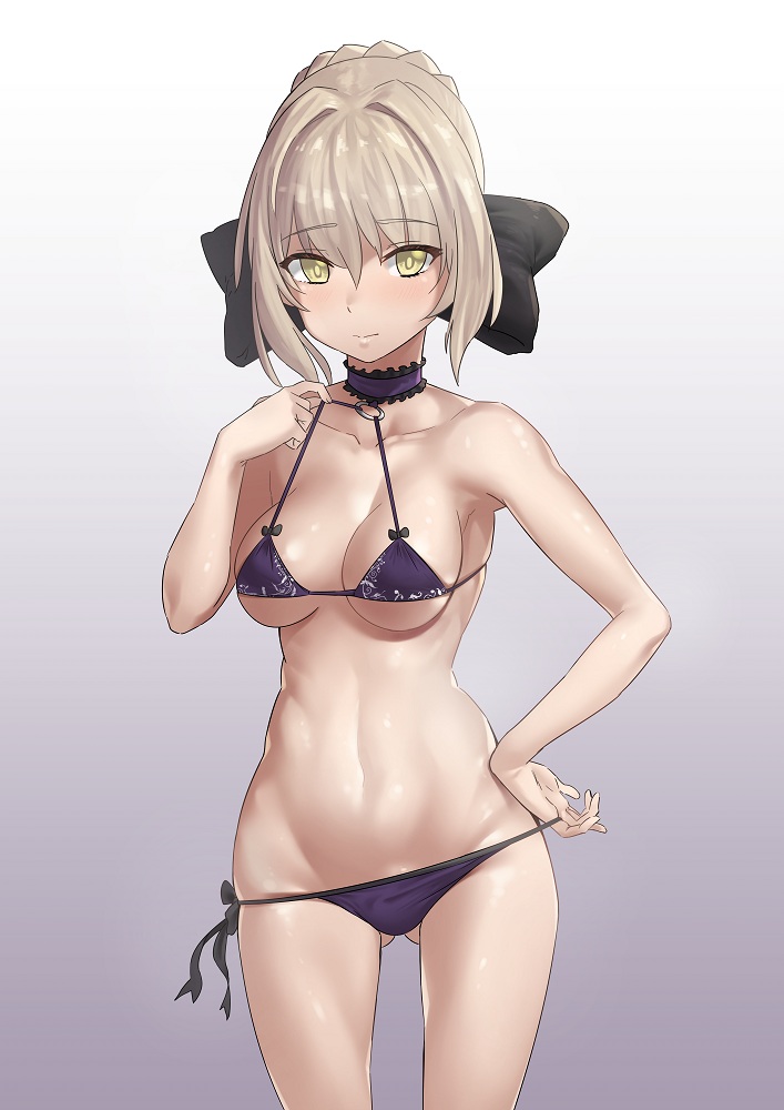 armpits artoria_pendragon_(all) ass_visible_through_thighs bare_arms bare_shoulders bikini black_bow blonde_hair blush bow breasts choker cleavage collarbone cowboy_shot eyebrows_visible_through_hair fate/stay_night fate_(series) frilled_choker frills gradient gradient_background grey_background hair_bow hair_intakes ichihyaku_nanajuu legs_apart looking_at_viewer medium_breasts navel o-ring o-ring_bikini pulled_by_self purple_bikini saber_alter short_hair side-tie_bikini smile solo standing stomach strap_pull swimsuit tsurime yellow_eyes