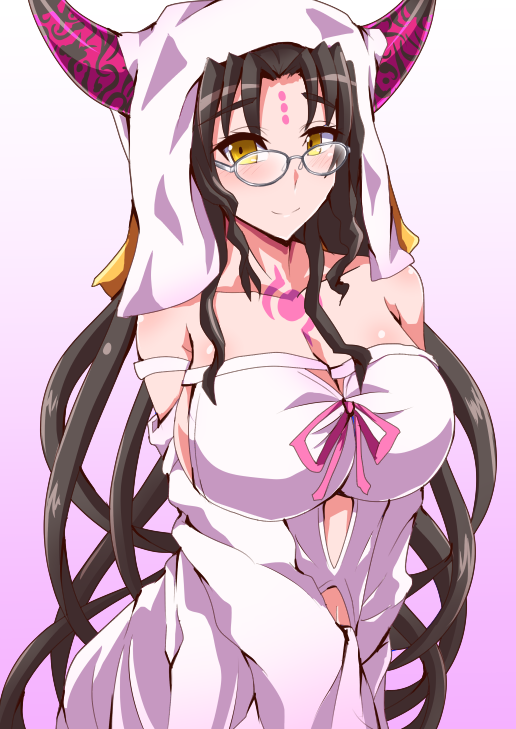 bare_shoulders bespectacled black_hair blush breasts cleavage closed_mouth collarbone commentary_request cowboy_shot detached_sleeves dress facial_mark fate/extra fate/extra_ccc fate/grand_order fate_(series) forehead_mark glasses horns ikue_fuuji large_breasts long_hair long_sleeves looking_at_viewer navel_cutout sesshouin_kiara sideboob silver-framed_eyewear smile solo tattoo v_arms veil very_long_hair white_dress yellow_eyes