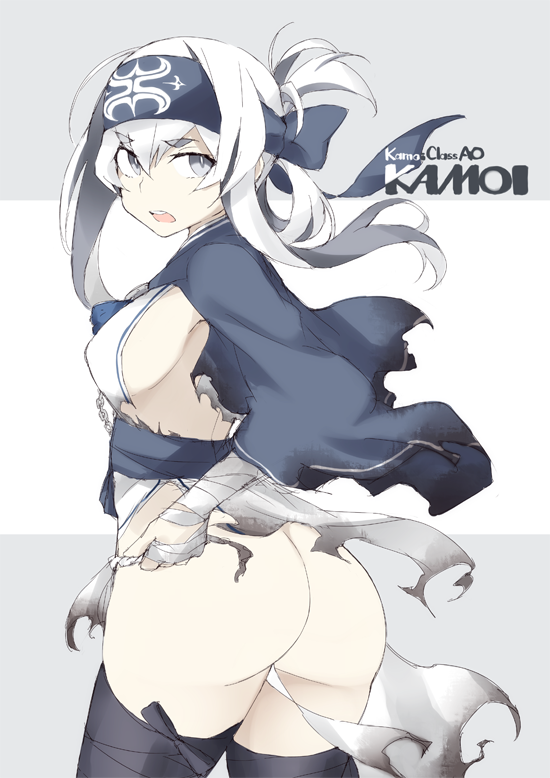 ainu_clothes ass between_breasts black_legwear breasts chain character_name cowboy_shot detached_sleeves eyebrows_visible_through_hair folded_hair from_behind fundoshi grey_eyes hair_between_eyes headband japanese_clothes kamoi_(kantai_collection) kantai_collection medium_breasts open_mouth robe sideboob sidelocks simple_background solo souji thick_eyebrows thighhighs torn_clothes white_hair