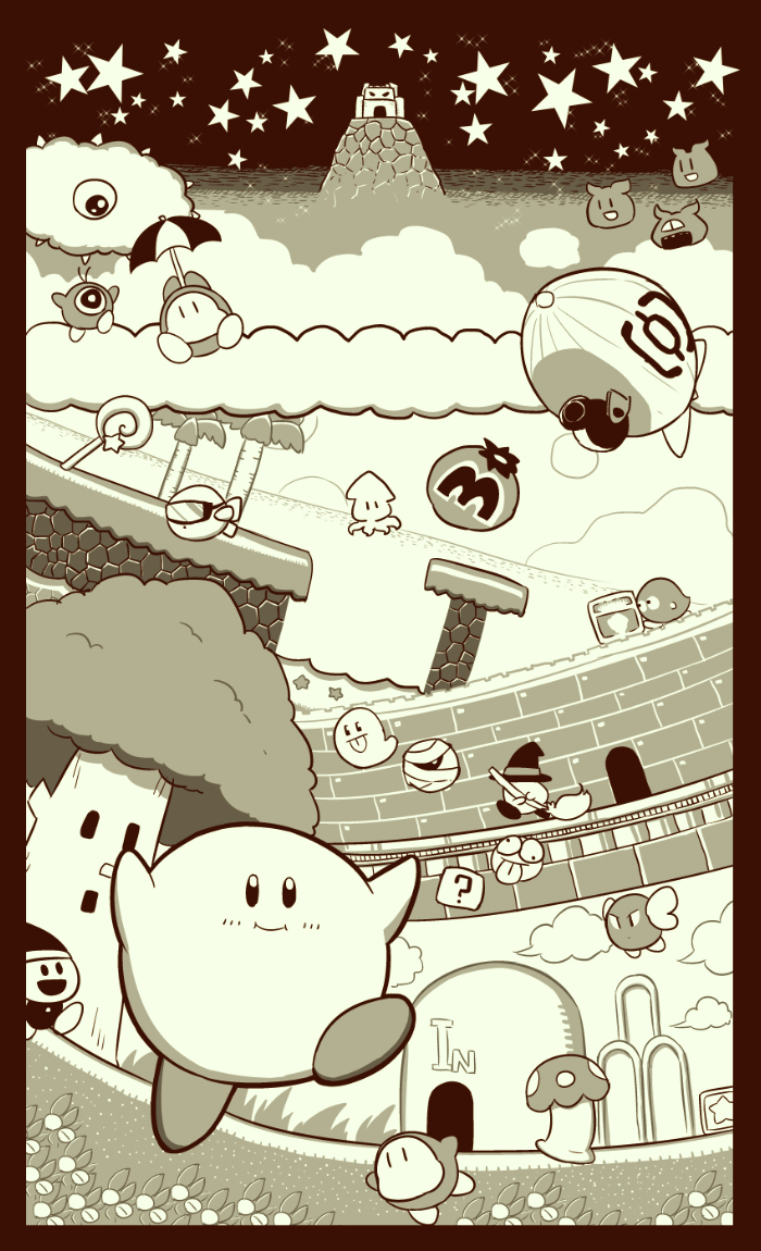 aircraft black_hat blimp blipper blush booler_(kirby) bronto_burt broom broom_hatter cannon cappy_(kirby) castle character_request chuckie_(kirby) dirigible english greyscale hat holding holding_umbrella kaboola kirby kirby's_dream_land kirby_(series) kracko lololo_(kirby) looking_at_another looking_at_viewer maxim_tomato monochrome mumbies_(kirby) naga_u parasol poppy_bros_jr scarfy smile squishy_(kirby) star star_(sky) starfish tongue tongue_out tree umbrella waddle_dee waddle_doo water whispy_woods wings witch_hat
