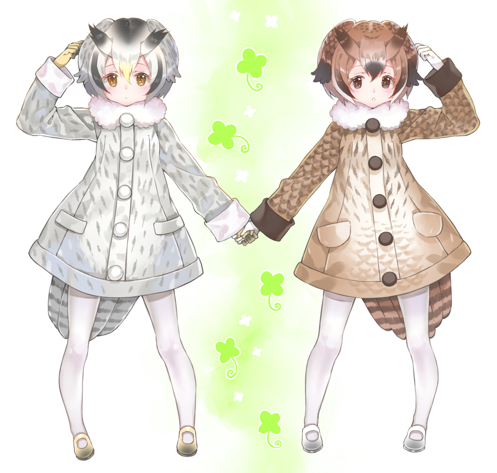 :| black_footwear black_gloves black_hair blonde_hair blush brown_coat brown_eyes brown_hair buttons clenched_hand closed_mouth clover clover_(flower) coat dot_nose eurasian_eagle_owl_(kemono_friends) expressionless eyebrows_visible_through_hair floral_background flower four-leaf_clover full_body fur_collar gloves gradient_footwear gradient_hair green_background grey_coat grey_footwear grey_hair hair_between_eyes hand_on_head hand_up head_wings holding_hands kemono_friends large_buttons legs_apart light_brown_eyes light_brown_hair long_sleeves looking_at_viewer mary_janes multicolored multicolored_background multicolored_clothes multicolored_footwear multicolored_gloves multicolored_hair multiple_girls northern_white-faced_owl_(kemono_friends) outline pantyhose parted_lips pocket shiosoda shoes short_hair silver_hair sleeve_cuffs standing tail tareme triangle_mouth two-tone_footwear white_background white_footwear white_gloves white_hair white_legwear white_outline wings yellow_footwear yellow_gloves