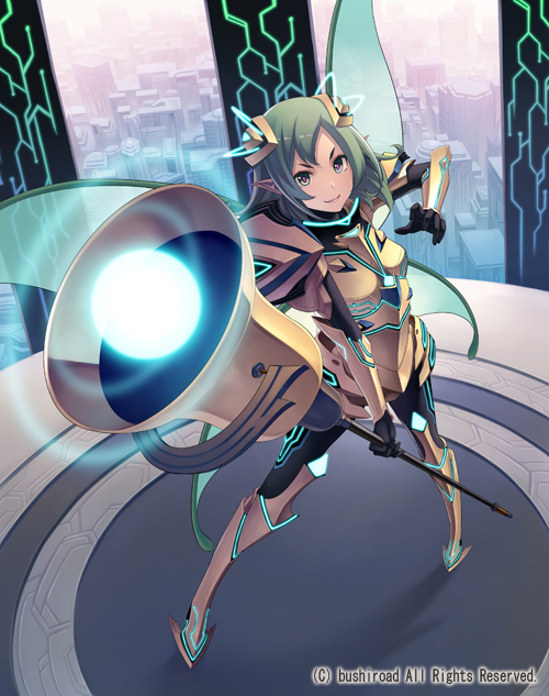 armor armored_boots boots building cardfight!!_vanguard company_name fortune_liberator gloves green_eyes green_hair hair_ornament long_hair official_art pointy_ears solo terumii wings
