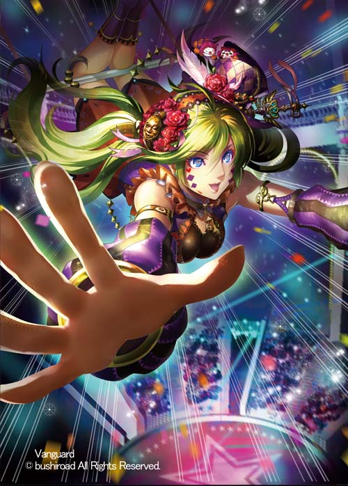 blue_eyes breasts cardfight!!_vanguard cleavage company_name dancing_princess_of_the_night_sky facial_tattoo feathers flower green_hair hair_flower hair_ornament hairband hat long_hair medium_breasts momose_hisashi official_art open_mouth solo sparkle star tattoo twintails