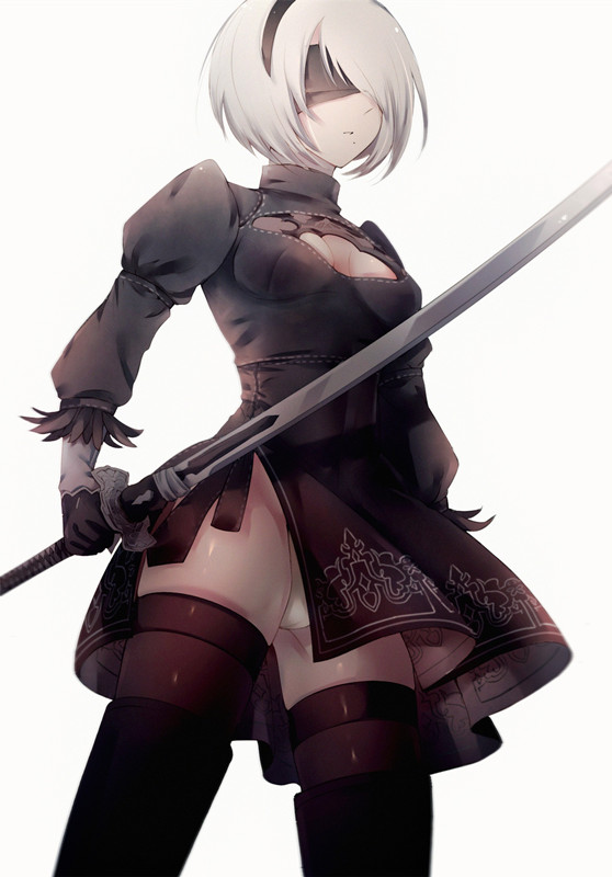 bananaxcs7 black_legwear blindfold boots breasts dress gloves holding holding_weapon juliet_sleeves katana leotard long_sleeves medium_breasts mole mole_under_mouth nier_(series) nier_automata pale_skin patterned_clothing puffy_sleeves shiny shiny_skin short_hair simple_background sketch solo sword thigh_boots thighhighs thighs weapon white_hair yorha_no._2_type_b