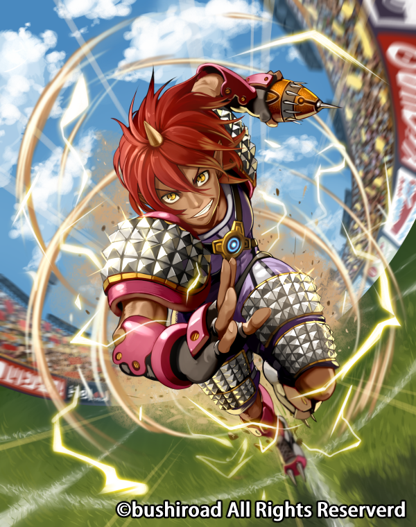 boots cardfight!!_vanguard cloud company_name dark_skin dark_skinned_male day dudley_jetter electricity fingerless_gloves football_uniform gloves horn i-la male_focus official_art ogre outdoors pointy_ears red_hair rugby_ball sky solo sportswear teeth yellow_eyes