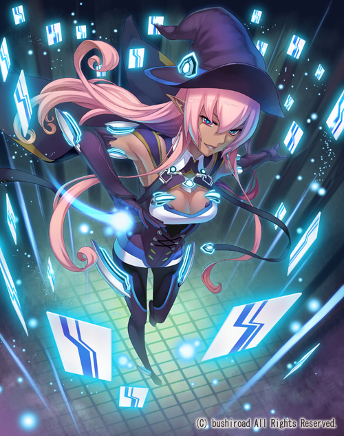 breasts cardfight!!_vanguard cleavage company_name curly_hair dark_skin gloves hat large_breasts long_hair official_art pantyhose pink_eyes pink_hair pointy_ears solo teeth terumii witch_hat witch_of_cursed_talisman_etain
