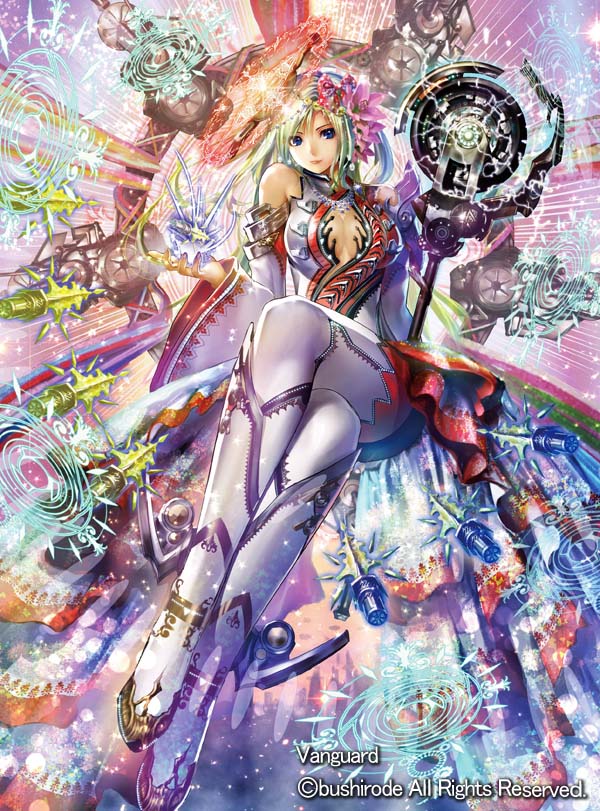 blue_eyes boots bow cardfight!!_vanguard center_opening company_name flower green_hair hair_flower hair_ornament long_hair magic_circle momose_hisashi official_art regalia_of_wisdom_angelica sitting solo staff thighhighs