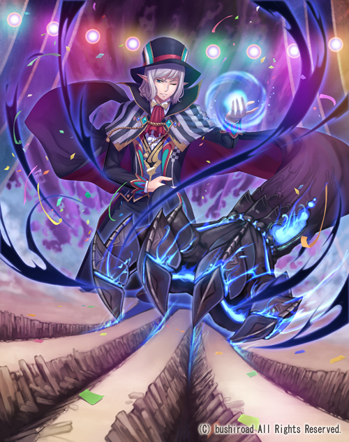 blue_eyes capelet cardfight!!_vanguard company_name fire hat male_focus nightmare_summoner_raqiel official_art one_eye_closed pointy_ears purple_hair solo terumii