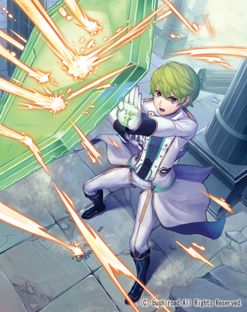boots cardfight!!_vanguard company_name emerald_shield_paschal gloves green_hair male_focus military military_uniform official_art open_mouth purple_eyes rock shield solo teeth terumii uniform