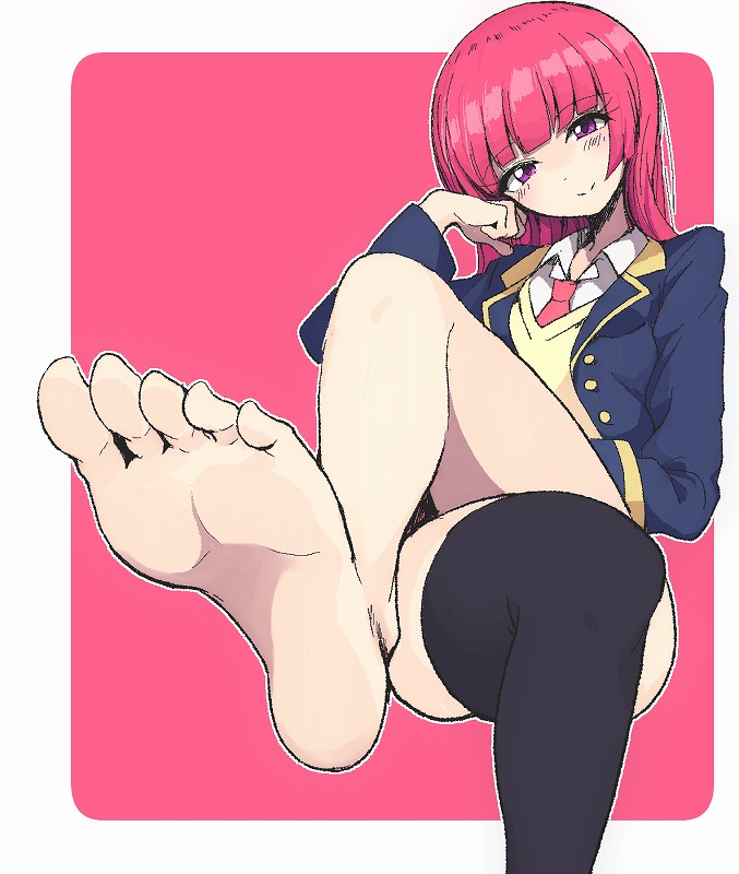 barefoot black_legwear feet houjou_sophie looking_at_viewer motsu_aki pink_hair pov_feet pripara purple_eyes socks socks_removed soles tagme thighhighs toes