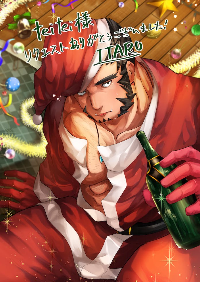 1boy abs alternate_costume bara bottle chest_hair christmas christmas_ornaments commission drunk feet_out_of_frame forked_eyebrows from_above hachimaki hat headband itaru_(kidomh63) jewelry large_pectorals long_sideburns looking_at_viewer looking_up magatama magatama_necklace male_focus mature_male muscular muscular_male mutton_chops necklace nejiri_hachimaki parted_lips partially_undressed pectoral_cleavage pectorals santa_costume santa_hat short_hair sideburns sitting skeb_commission solo sparkle tajikarao_(housamo) tokyo_afterschool_summoners translation_request tusks wine_bottle