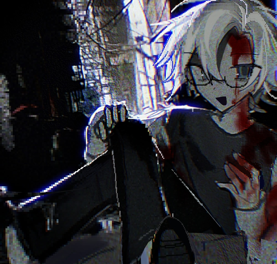 1boy black_pants black_shirt blood blood_on_clothes blood_on_face blood_on_hands blue_eyes chinese_commentary colored_skin commentary_request film_grain glasses glitch hand_on_own_knee hand_up kanou_aogu lab_coat male_focus pants saibou_shinkyoku semi-rimless_eyewear shirt short_hair sitting solo tiegeban white_hair white_skin