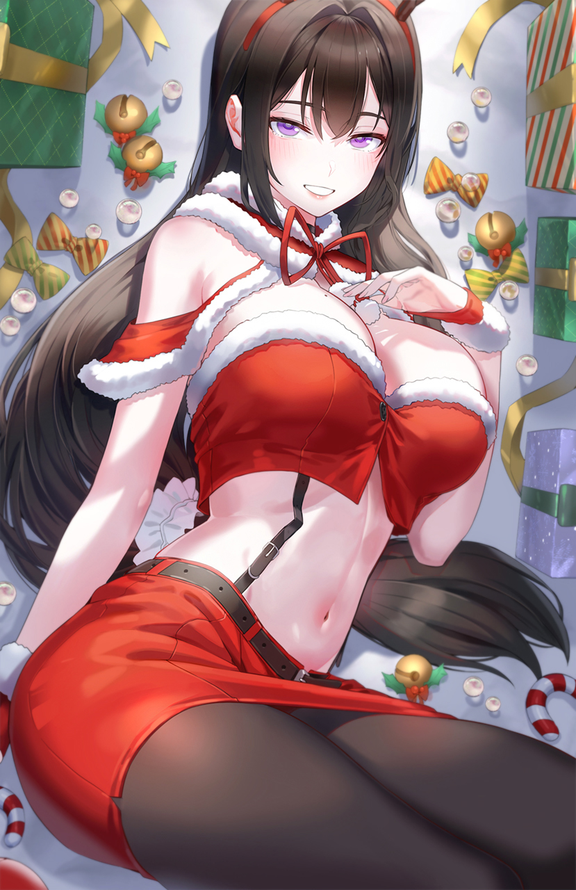 1girl bell belt black_belt black_hair black_pantyhose blush box breasts christmas cleavage gift gift_box hairband highres jingle_bell kfr large_breasts long_hair looking_at_viewer mole mole_on_breast navel neck_ribbon original pantyhose purple_eyes red_hairband red_ribbon red_skirt ribbon sitting skirt solo suspenders