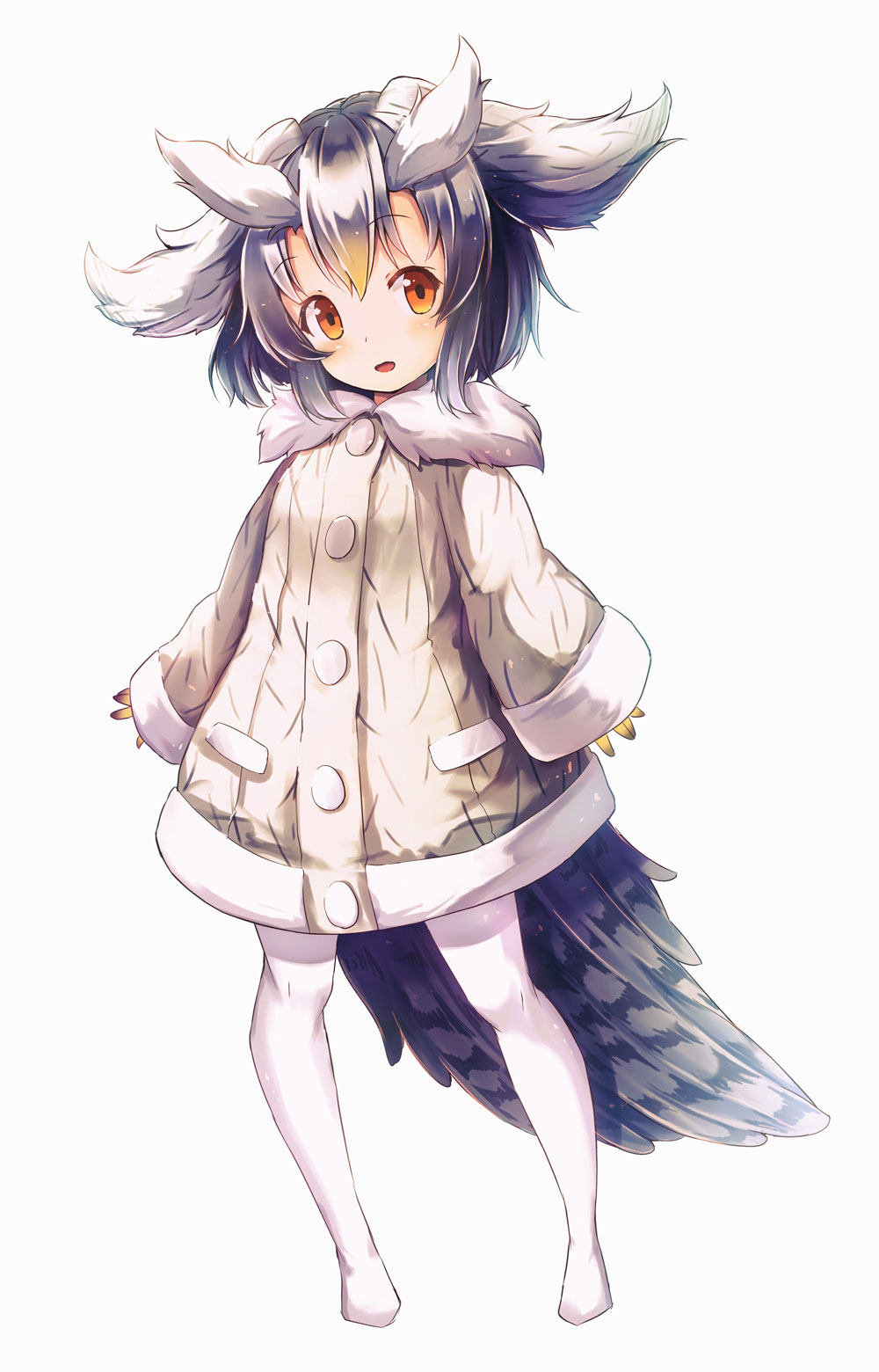 full_body highres kemono_friends long_sleeves looking_to_the_side northern_white-faced_owl_(kemono_friends) orange_eyes short_hair simple_background solo sorairo_len standing tail white_background white_hair white_legwear