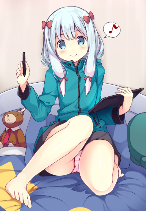 bangs barefoot blanket blue_eyes blue_hair blush bow c: closed_mouth commentary_request eighth_note eromanga_sensei eyebrows_visible_through_hair hair_bow humming izumi_sagiri jacket long_hair looking_at_viewer musical_note on_bed panties pillow pink_panties red_bow sitting smile solo spoken_musical_note stuffed_animal stuffed_toy teddy_bear thighs underwear usume_shirou
