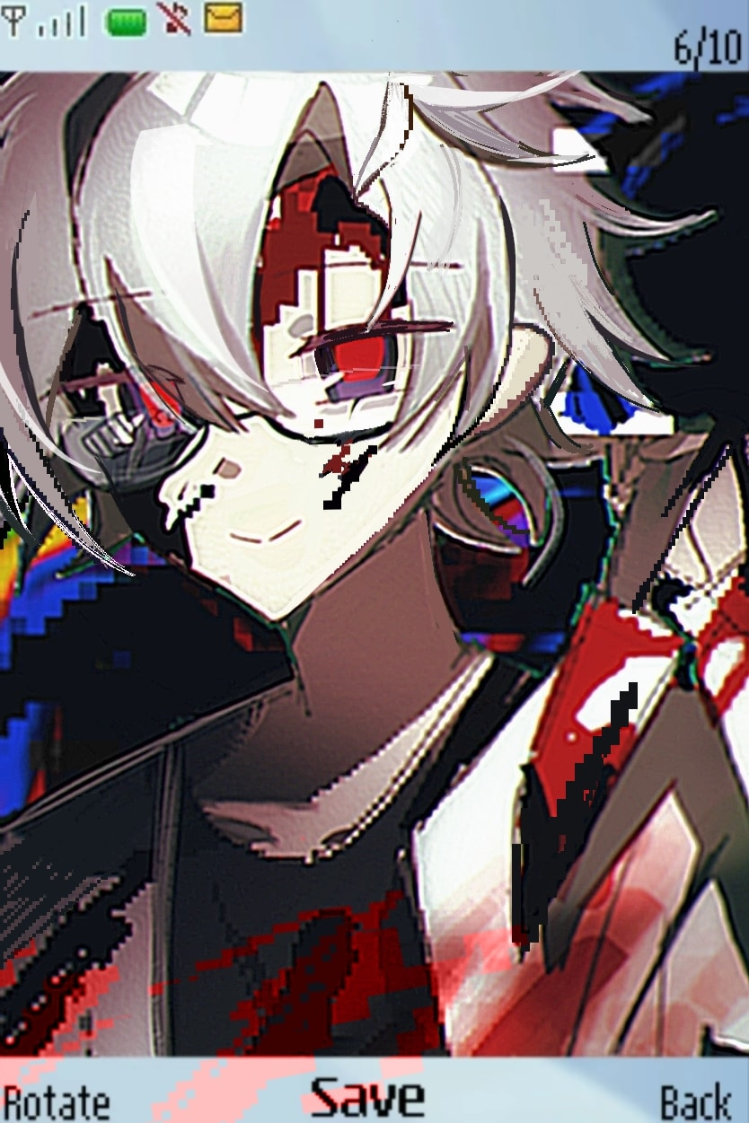 1boy black_shirt blood blood_on_clothes blood_on_face blood_on_knife blue_eyes chinese_commentary closed_mouth commentary_request glasses highres holding holding_knife kanou_aogu knife lab_coat long_sleeves male_focus portrait saibou_shinkyoku semi-rimless_eyewear shirt short_hair smile solo tiegeban white_hair