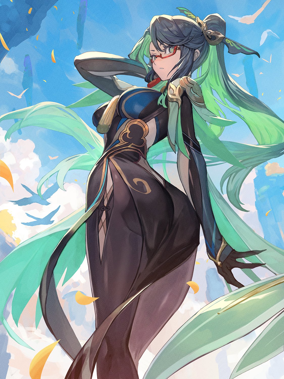 1girl aqua_eyes aqua_lips arm_behind_head arm_up ass black_gloves black_hair bodystocking breasts chinese_hairpin cloud_retainer_(genshin_impact) colored_inner_hair from_behind genshin_impact glasses gloves green_hair hair_between_eyes hair_ornament high_ponytail highres hip_vent lack large_breasts long_hair long_sleeves looking_at_viewer multicolored_hair red-framed_eyewear semi-rimless_eyewear solo twisted_torso two-tone_hair very_long_hair xianyun_(genshin_impact)