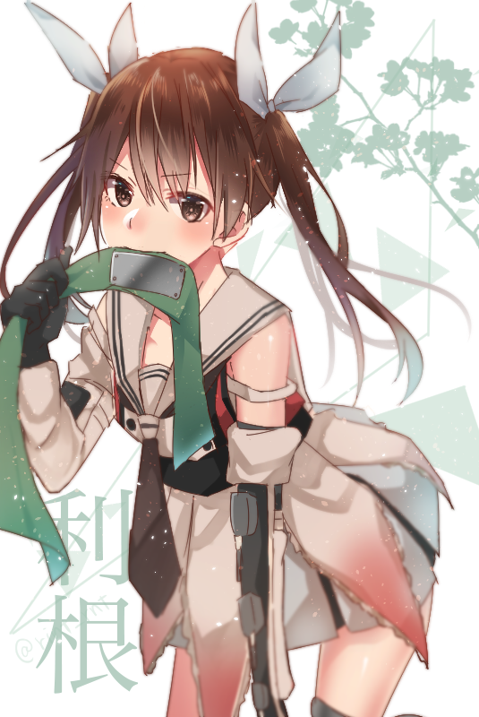 blush brown_eyes brown_hair cosplay elbow_gloves gloves hair_ribbon headband headband_removed jintsuu_(kantai_collection) jintsuu_(kantai_collection)_(cosplay) kantai_collection long_hair mouth_hold necktie pleated_skirt remodel_(kantai_collection) ribbon rinto_(rint_rnt) sailor_collar skirt solo tone_(kantai_collection) twintails white_background white_ribbon