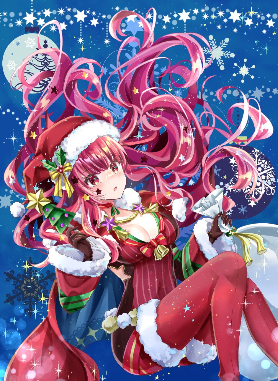 1girl bell blue_background blue_cape bow breasts brown_gloves cape choker christmas christmas_ornaments closed_mouth eyelashes facial_mark fire_emblem fire_emblem_engage fire_emblem_heroes floating_hair fur-trimmed_headwear fur-trimmed_sleeves fur-trimmed_thighhighs fur_collar fur_trim gloves hair_ornament hat highres holding holding_sack holly long_sleeves medium_breasts open_mouth pink_hair red_bow red_cape red_choker red_eyes red_headwear red_thighhighs ribbon sack santa_hat snowflakes solo sparkle star_(symbol) star_cutout star_facial_mark star_hair_ornament striped thighhighs two-sided_fabric two-tone_cape vertical_stripes yellow_ribbon yunaka_(fire_emblem) yunaka_(fire_emblem)_(spirited_envoy) yuyu_(spika)