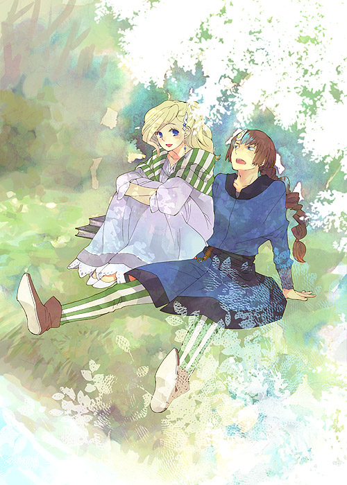 1boy 1girl blonde_hair blue_eyes blue_robe blush braid braided_ponytail brown_footwear brown_hair couple dress final_fantasy final_fantasy_iv final_fantasy_iv:_the_after_years frilled_dress frills grass green_leggings green_scarf hair_ornament hugging_own_legs leaf leggings leonora long_hair looking_at_another nature open_mouth palom riverbank robe satoo scarf sitting smile stream striped striped_scarf talking tree two-tone_leggings two-tone_scarf vertical-striped_leggings vertical-striped_scarf vertical_stripes white_dress white_footwear yellow_leggings yellow_scarf