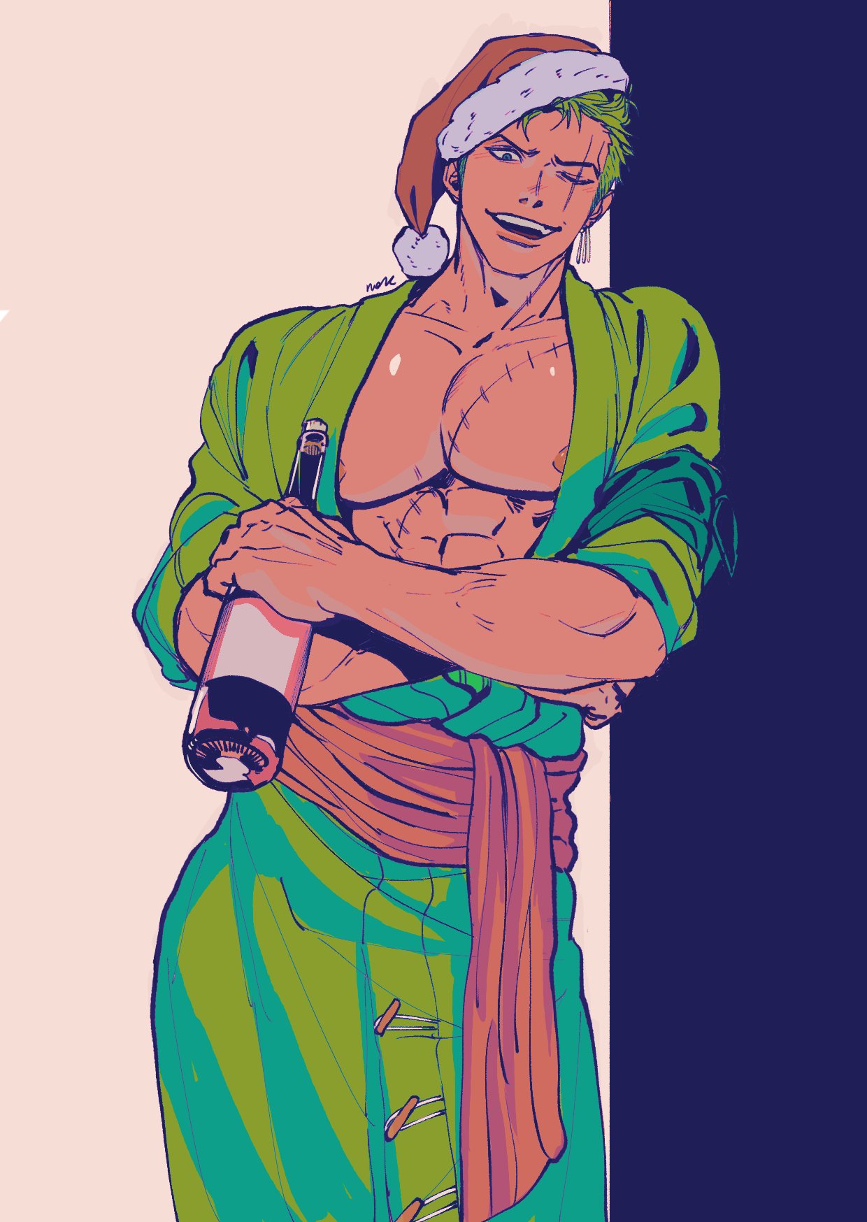 1boy against_wall bottle christmas coat covered_nipples crossed_arms earrings green_coat green_eyes green_hair haramaki hat highres holding holding_bottle jewelry leaning_to_the_side looking_at_viewer male_focus muscular muscular_male nok_(nok_1) one_eye_closed one_piece open_mouth pectoral_cleavage pectorals red_sash roronoa_zoro santa_hat sash scar scar_on_chest scar_on_face short_hair single_earring smile solo standing tan teeth upper_teeth_only veins veiny_arms