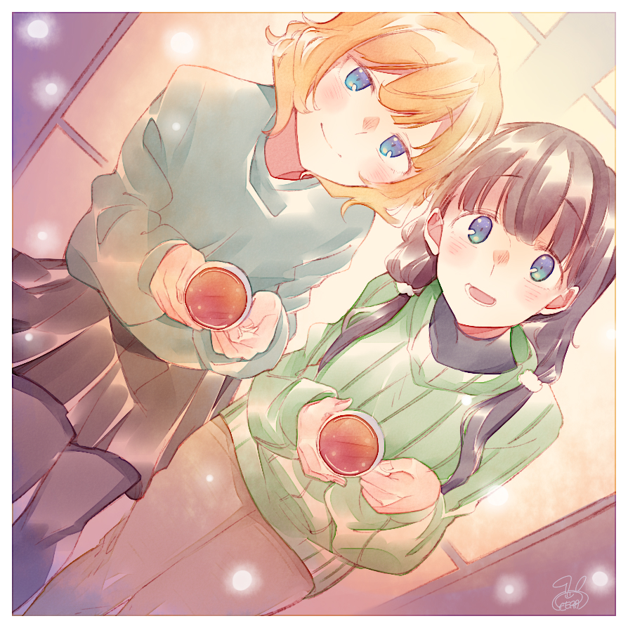 2girls :d bad_id bad_pixiv_id black_hair black_pantyhose black_skirt blonde_hair blue_eyes blunt_bangs cup from_above gochuumon_wa_usagi_desu_ka? green_sweater grey_pants hetareeji holding holding_cup kirima_syaro light_blush long_hair long_sleeves looking_at_viewer looking_up low_twintails multiple_girls open_mouth pants pantyhose ribbed_sweater short_hair sitting skirt smile sweater tea teacup twintails ujimatsu_chiya